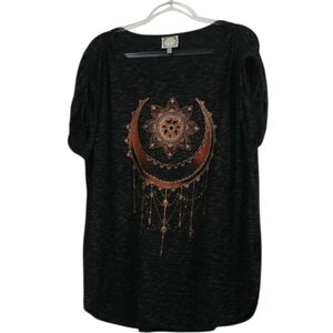 Trueself Black Heatherd Gold Silk Printed Dream Catcher Graphic Top